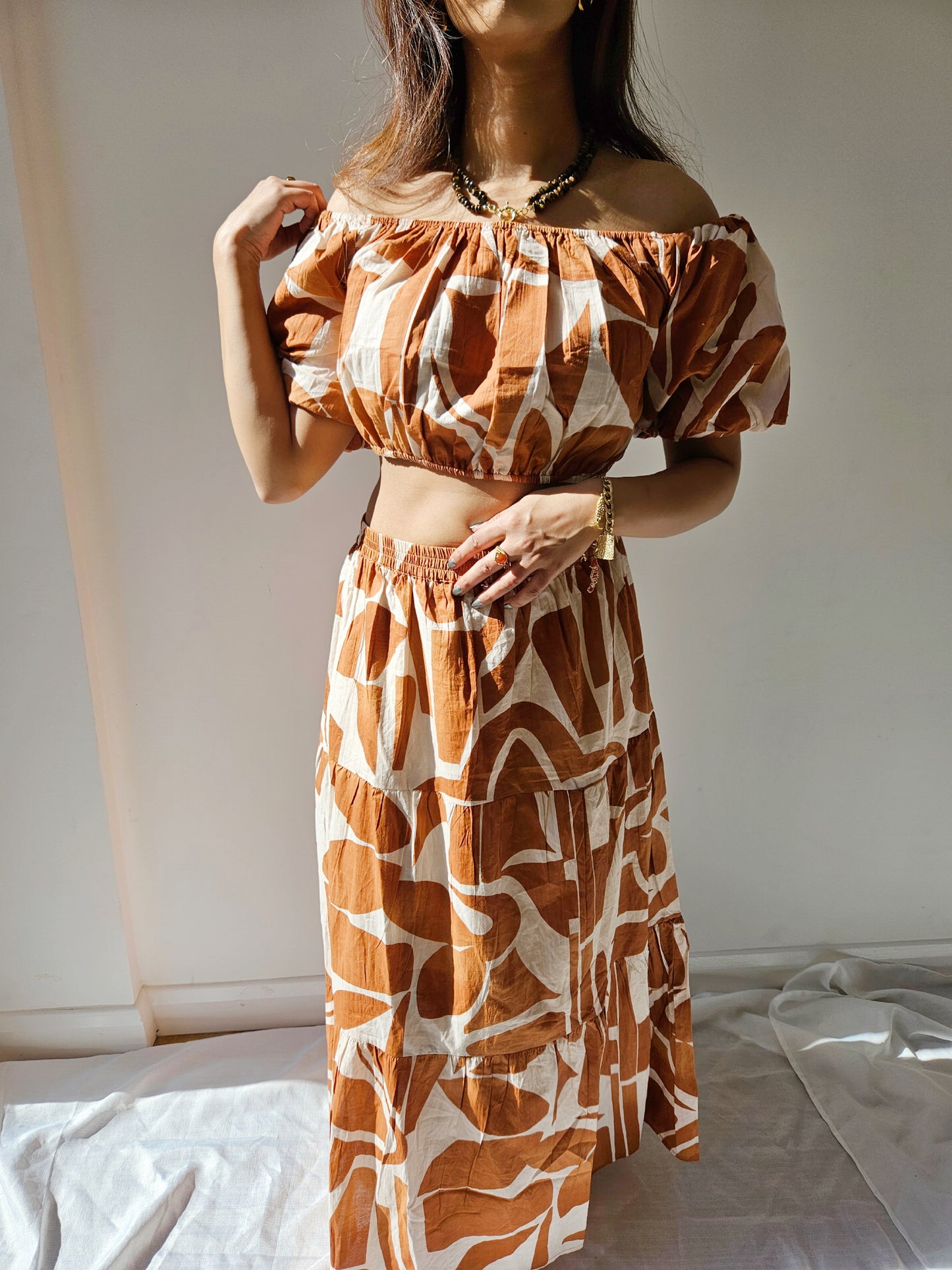 brown abstract print coord set