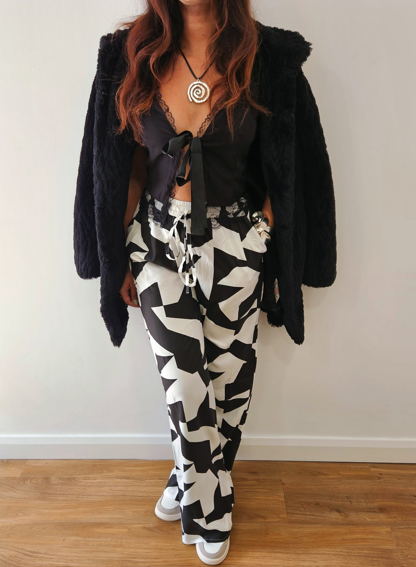 Abstract Mono Print wide leg trousers front view