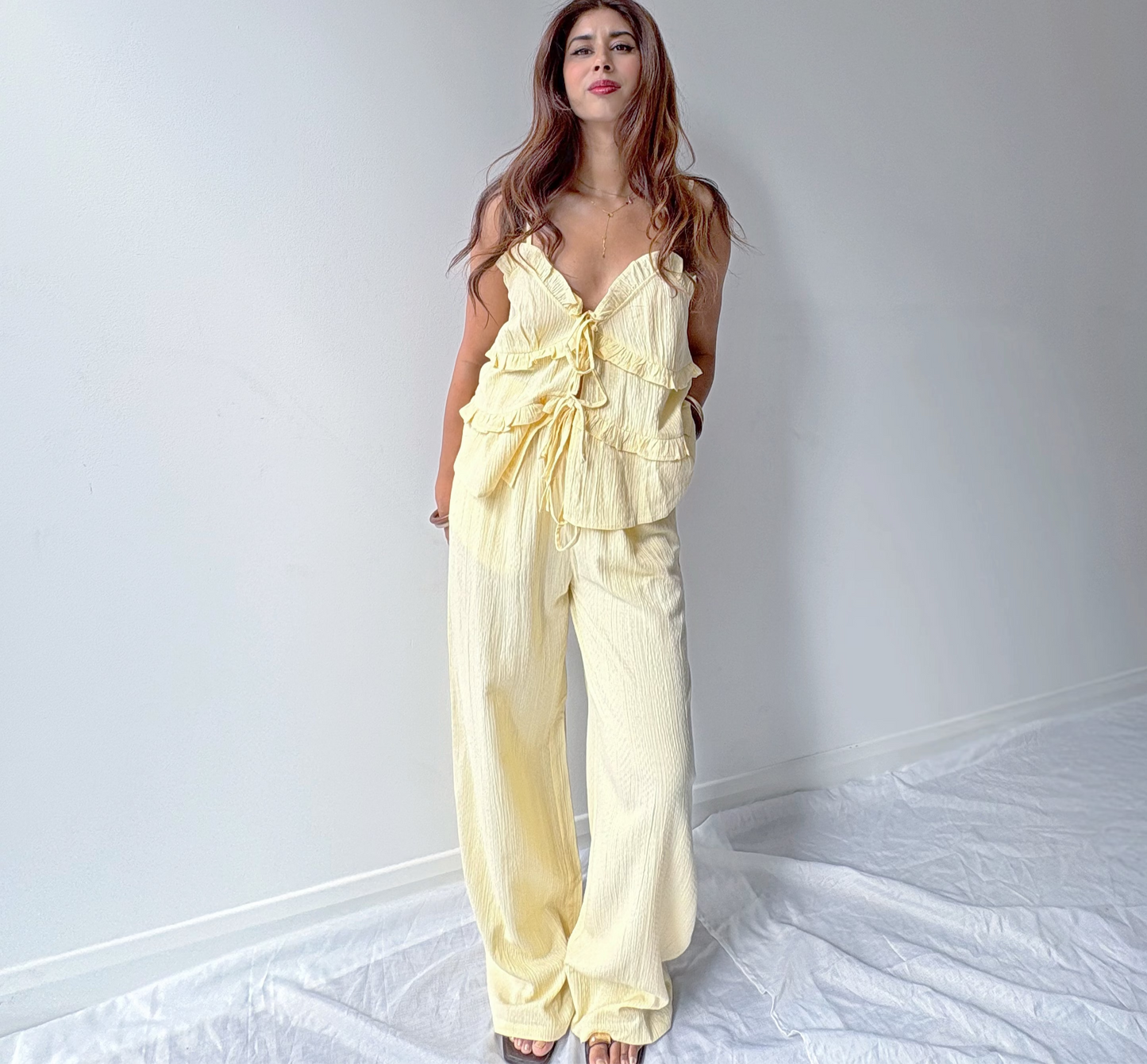Cindy Soft Yellow Textured Trousers