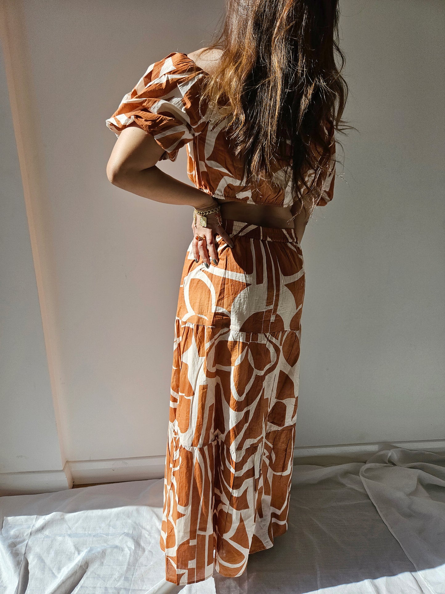 brown abstract print coord set