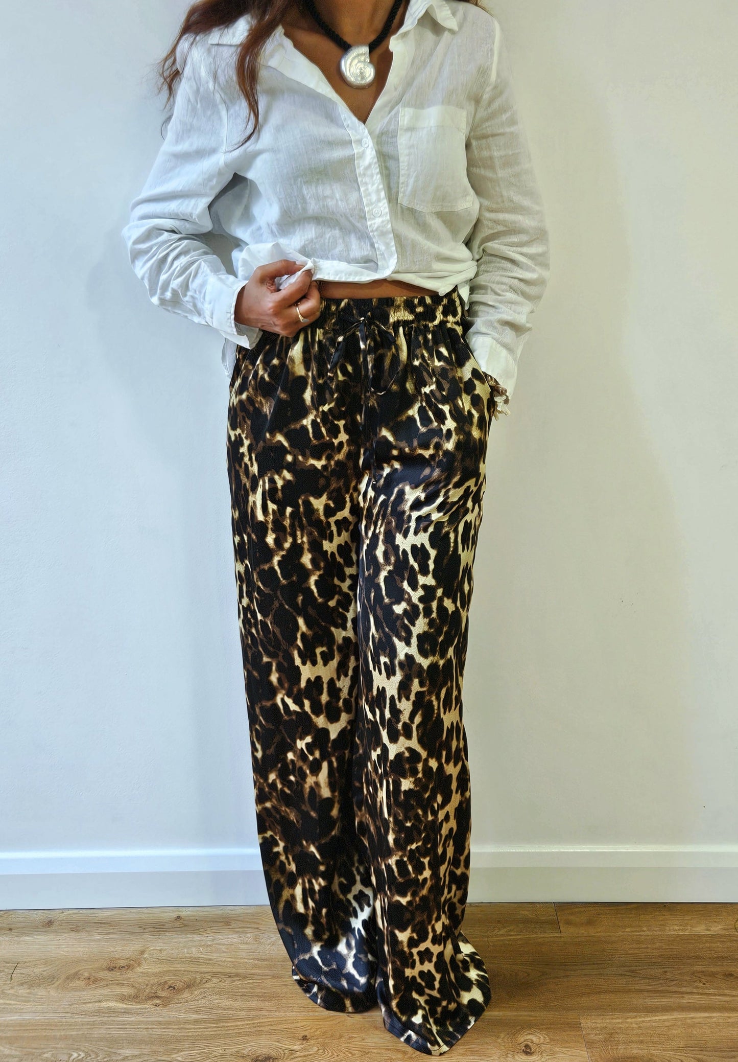 Leopard Print Satin wide leg trousers, detail front view