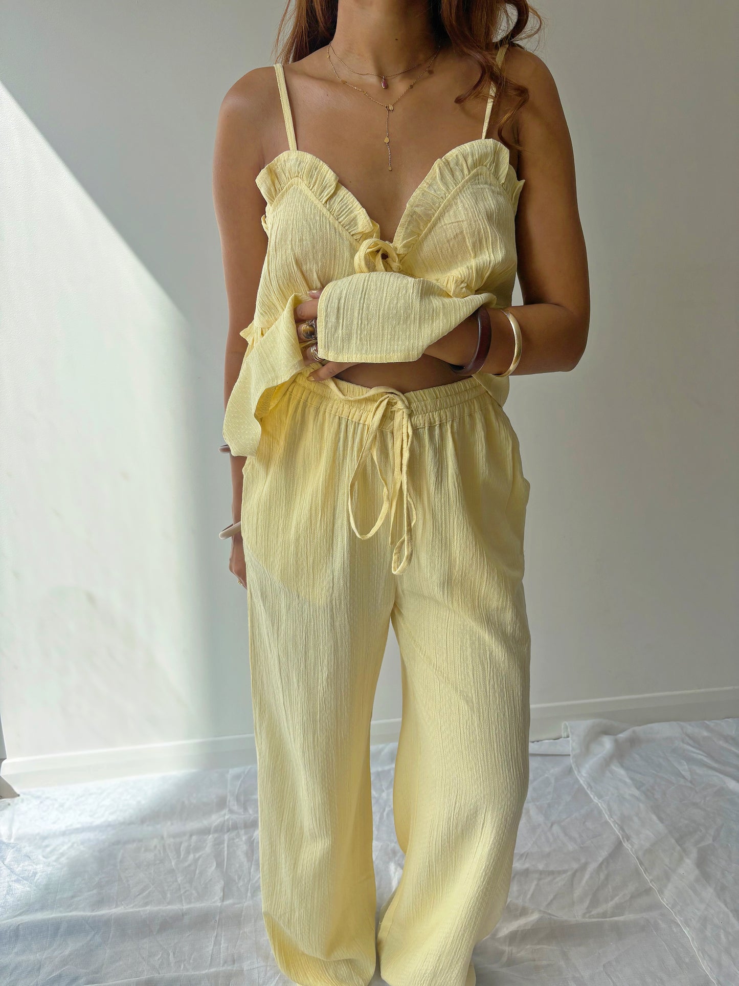 Cindy Soft Yellow Textured Trousers