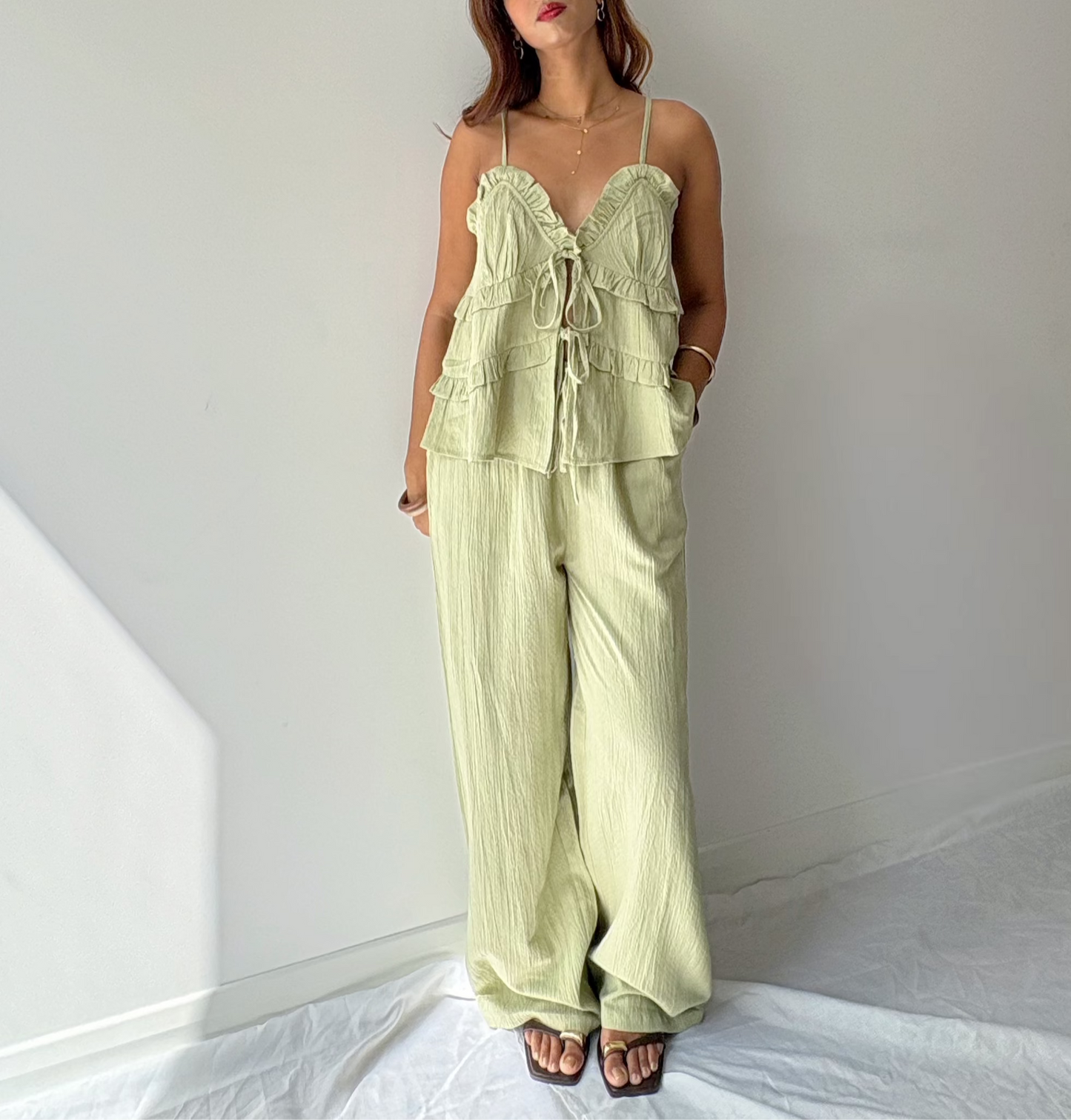 Cindy Soft Green Textured Trousers