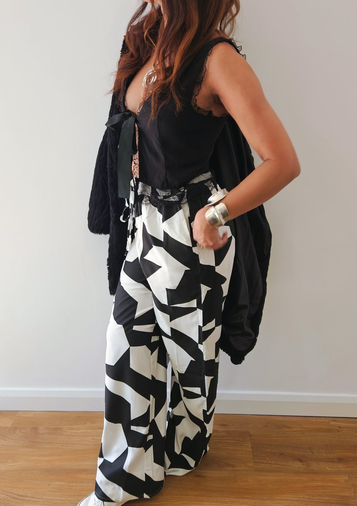 Abstract Mono Print wide leg trousers, side view