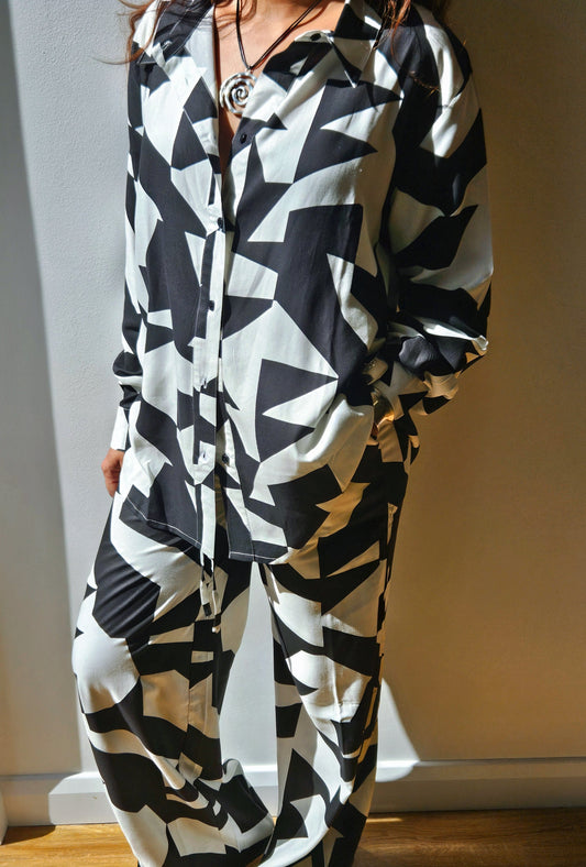 Abstract Mono Print shirt and wide leg trousers co-ord set, front view