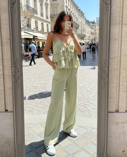 Cindy Soft Green Textured Trousers