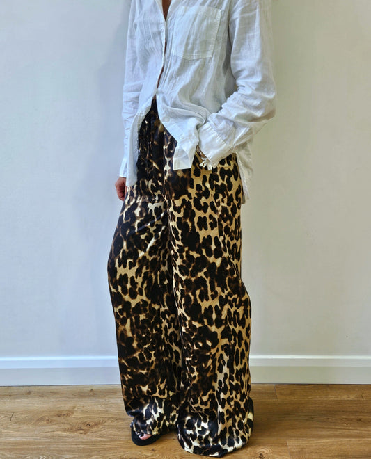 Leopard Print Satin wide leg trousers, front view